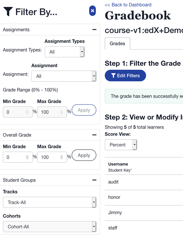 A screenshot of the sidebar, showing the varying options by which you may filter grades.