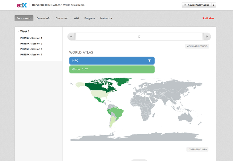 XBlocks make the amount of potentially useful Open edX Components effectively infinite. In this screenshot, we see a capture of the Atlas XBlock, which shows survey results from Learners on a world map.