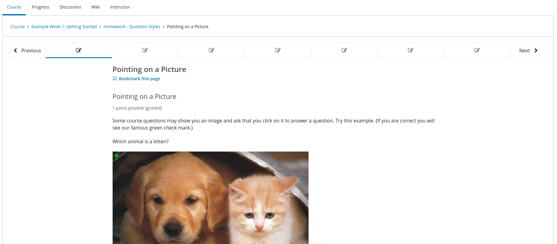A screenshot from one of Open edx's Components, the LMS. Shown is a problem that has the learner pick out which animal is a kitten.