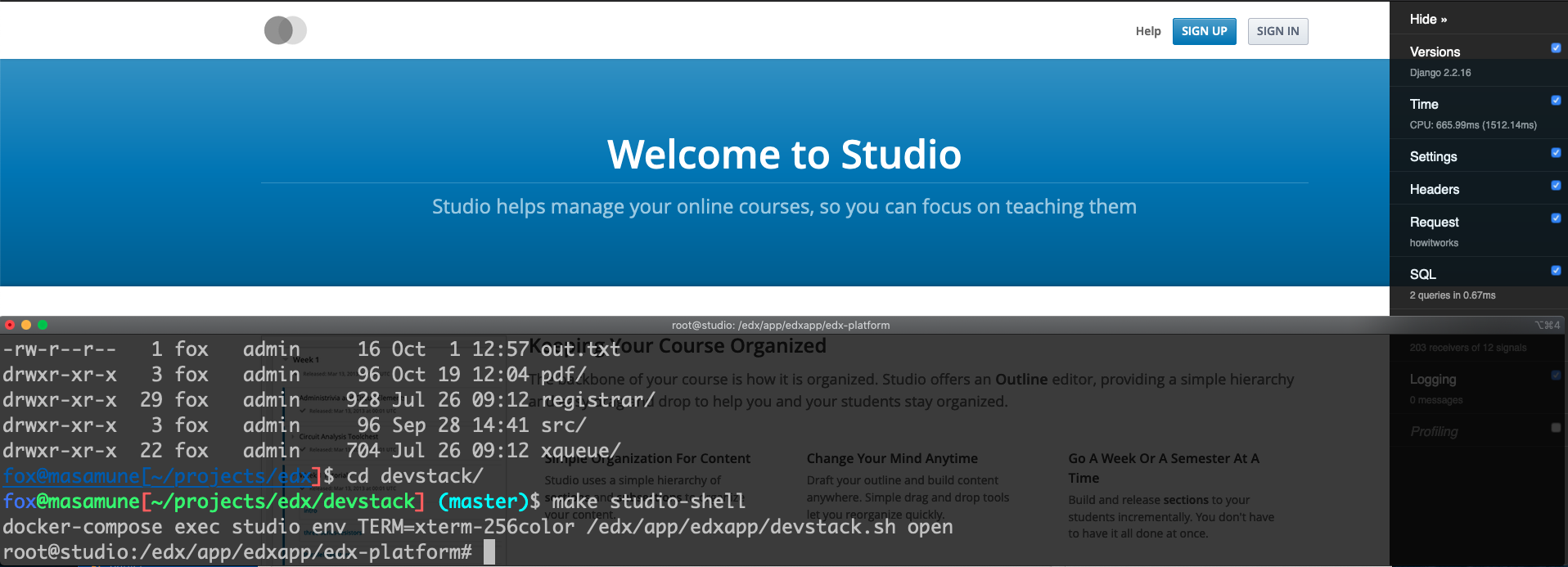 A screenshot of a working devstack copy of open edX studio.