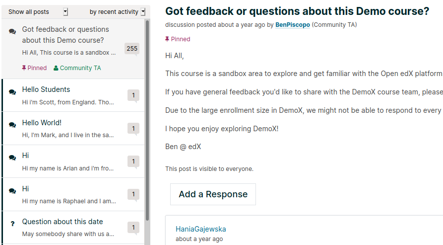 A screenshot of the Demo Course's discussion forum on edx.org